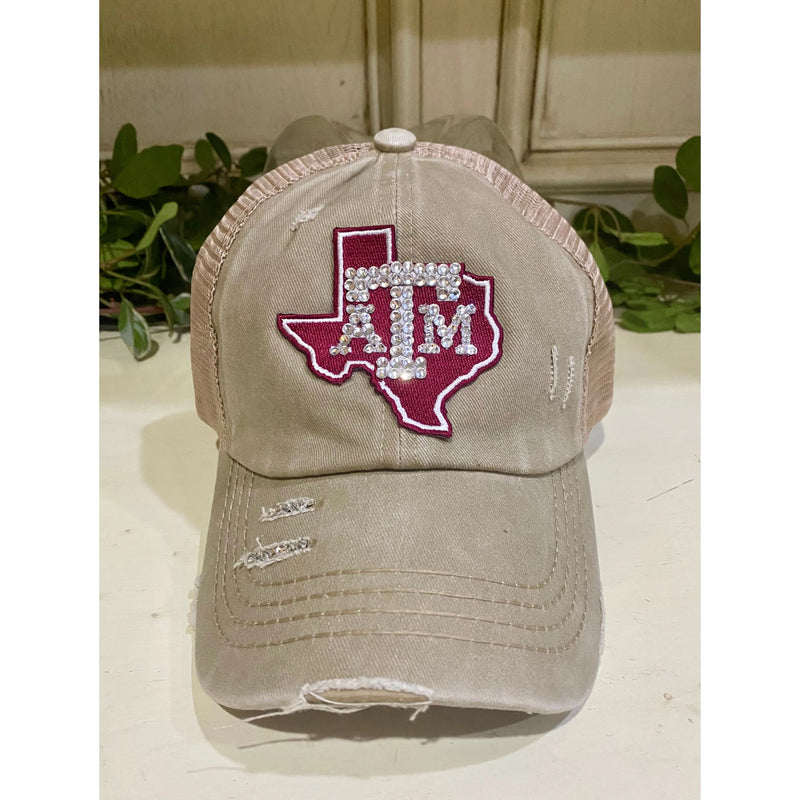 Khaki Distressed Ponytail Truckers Cap with Rhinestone A & M Patch