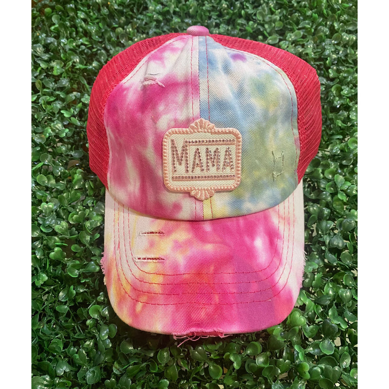 Retro Mama Tie-Dye Criss-Cross Ponytail Trucker Cap