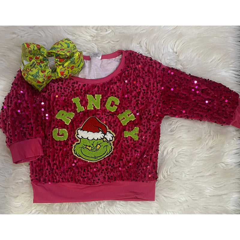 Girl's Fuchsia Velour Grinch Sequin Sweatshirt