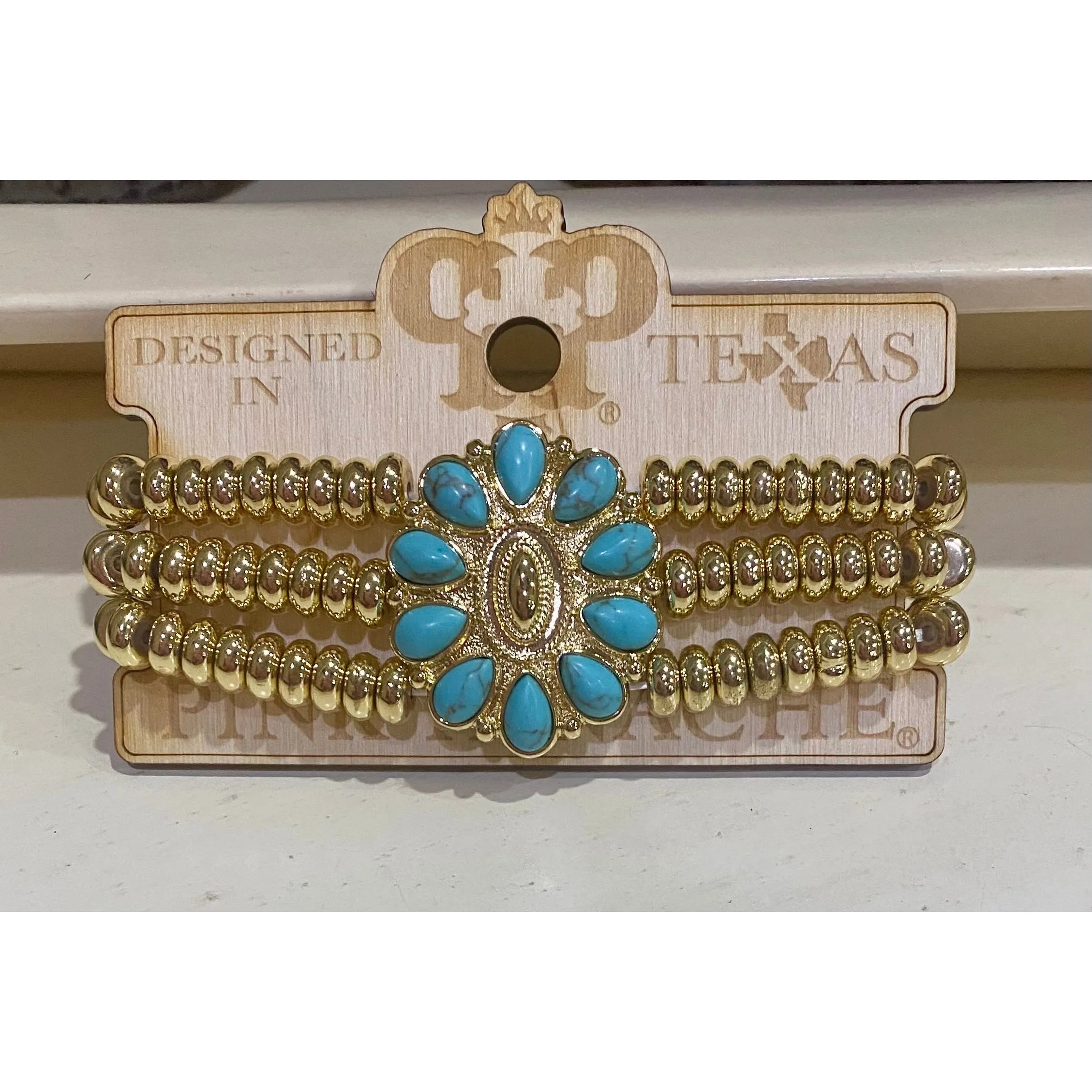 Pink Panache Turquoise Concho Stretch Bracelet – 18K Gold Dipped