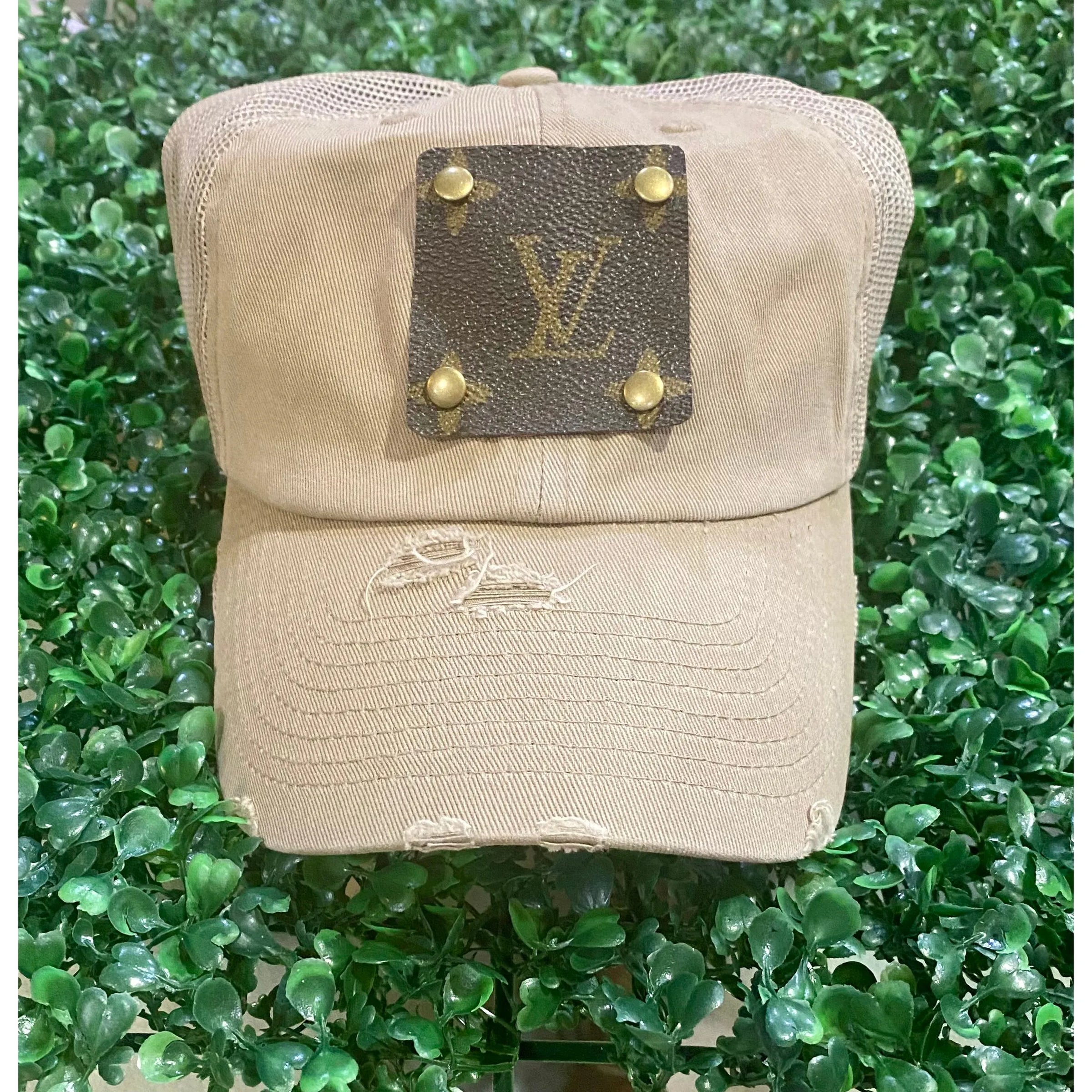 Khaki Distressed Trucker Cap with Upcycled LV Patch