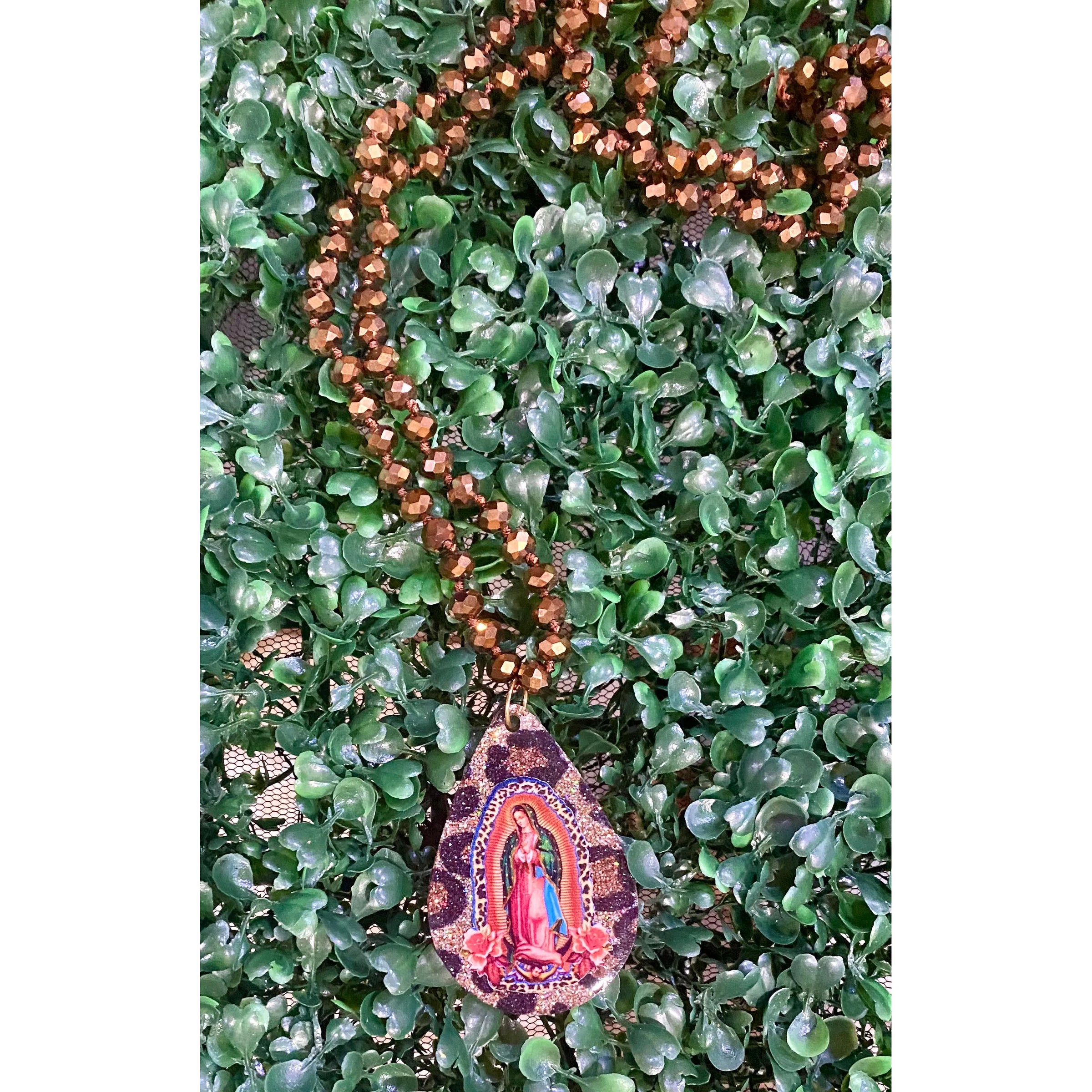 Long Beaded Necklace with Our Lady of Guadalupe Pendant