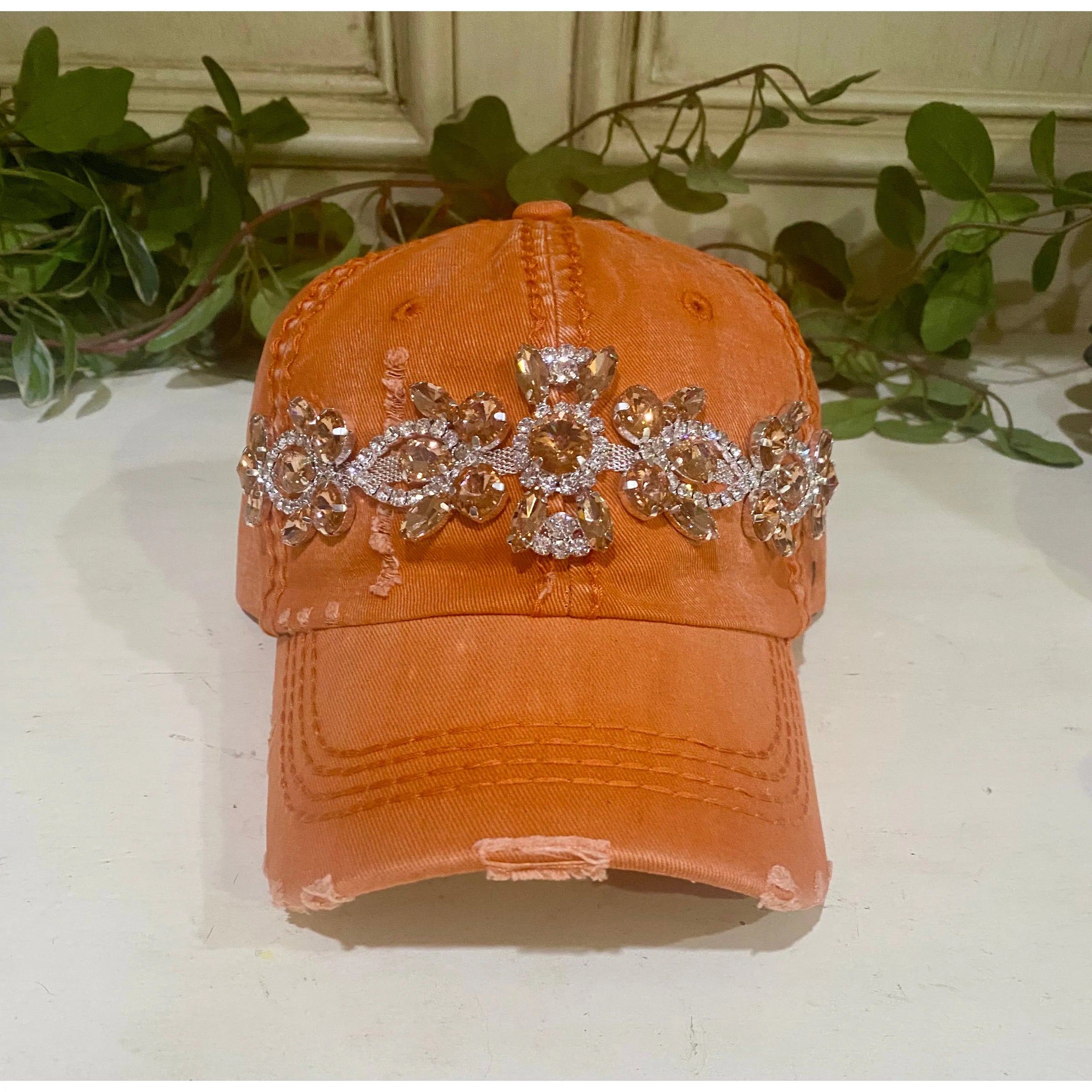 Orange Bejeweled Distressed Cap