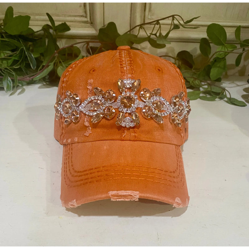 Orange Bejeweled Distressed Cap