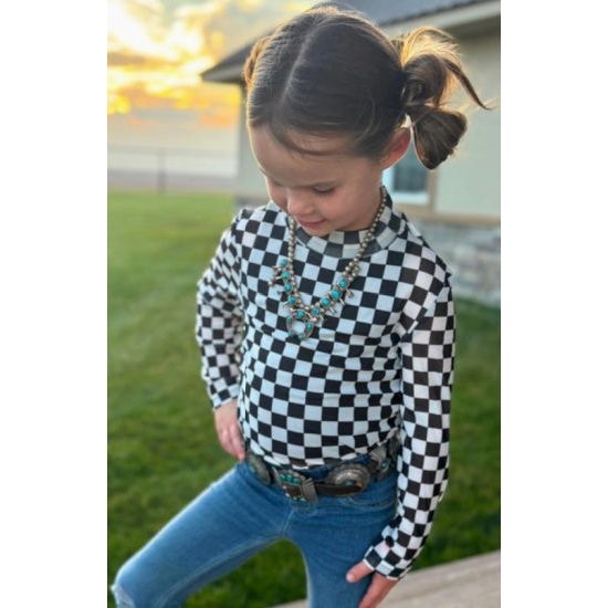 Girl's Black and White Checkered Mesh Top