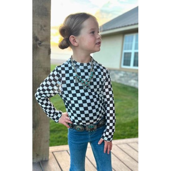 Girl's Black and White Checkered Mesh Top