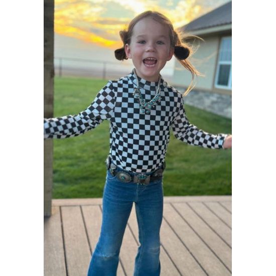 Girl's Black and White Checkered Mesh Top