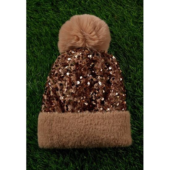 Girl's Sequin Beanie with Pom Pom