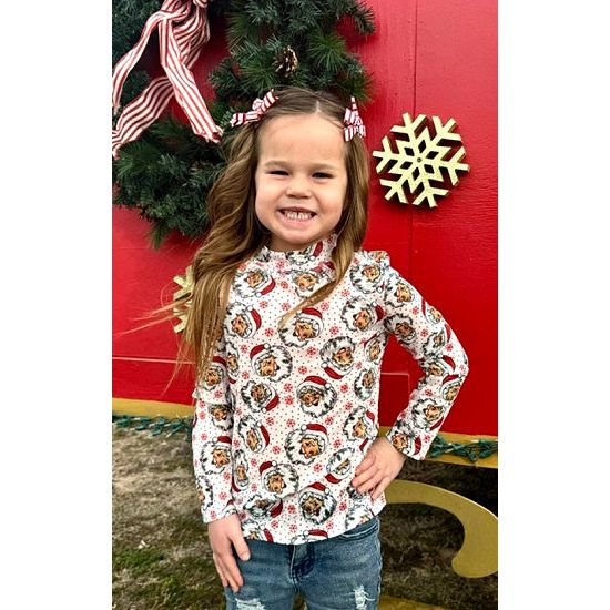 Girls Santa Face Holiday Mesh Top – Festive Long Sleeve Christmas Shirt