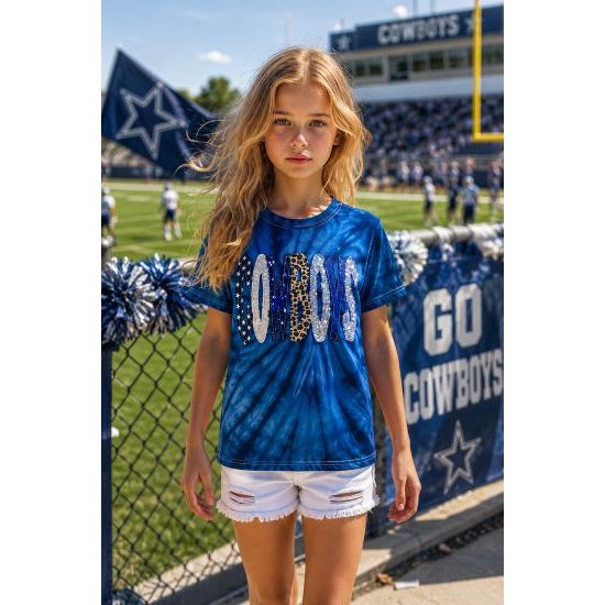 Girls Navy Tie-Dye Cowboys Sequin Tee