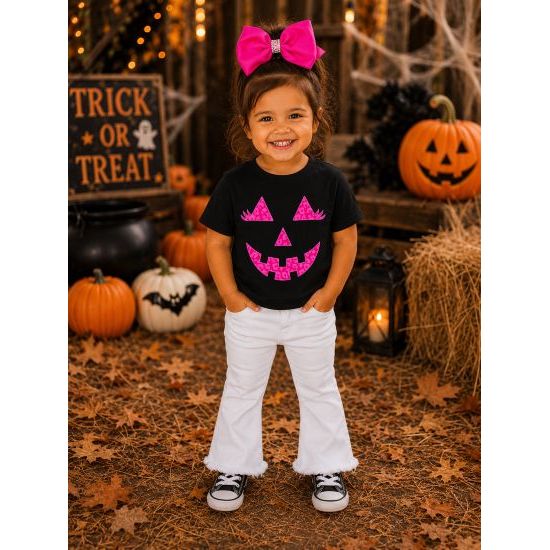 Girls Pink Leopard Jack-O’-Lantern Halloween Tee