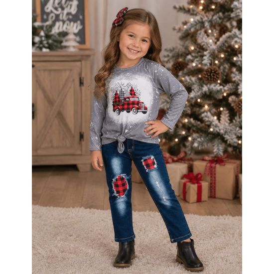 Girls Buffalo Plaid Christmas Truck Denim Set
