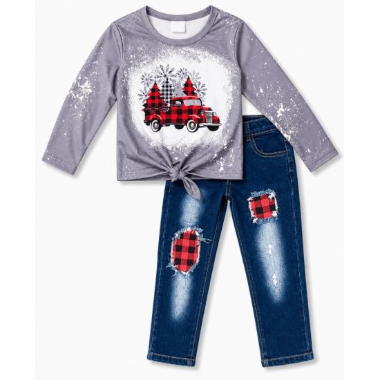 Girls Buffalo Plaid Christmas Truck Denim Set