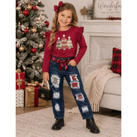 Girls Burgundy Christmas Tree Denim Pant Set