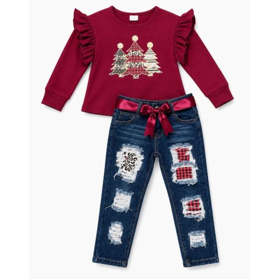 Girls Burgundy Christmas Tree Denim Pant Set