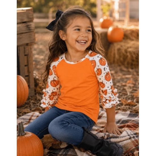 Girls Pumpkin Ruffle Sleeve Top
