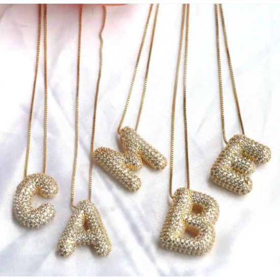 Gold Bubble Initial Rhinestone Necklace
