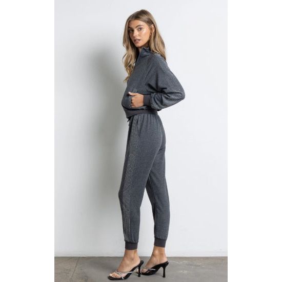 Gray Rhinestone Embellished Jogging Set