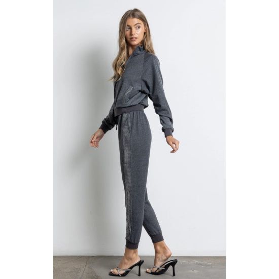 Sparkle in Comfort: Rhinestone-Studded Gray Jogger Set