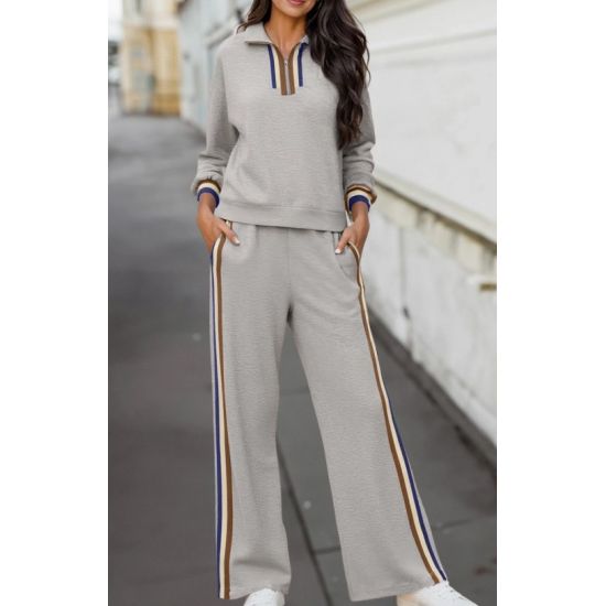 Gray Two-Piece Lounge Set – Zip Collar Pullover & Wide-Leg Pants