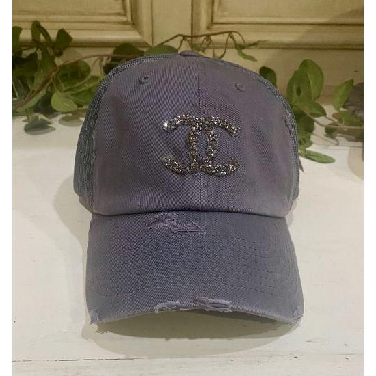 Gray Distressed Trucker Cap with Luxe Beaded Emblem