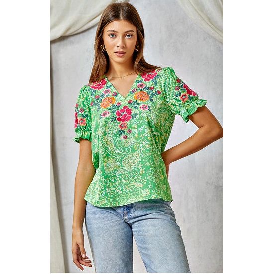 Green Printed Top with Embroidered Details - Rhinestone Gal