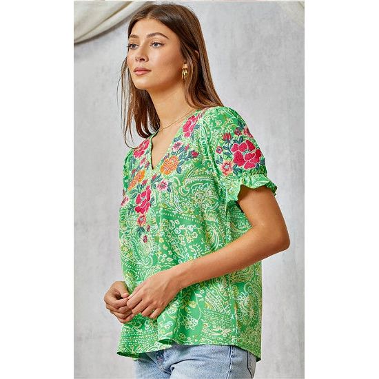 Green Printed Plus Top with Embroidered Details
