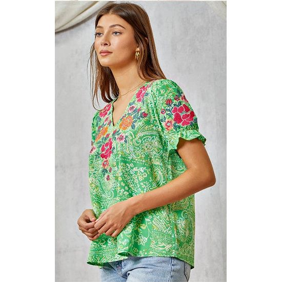 Green Printed Plus Top with Embroidered Details - Rhinestone Gal