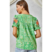 Green Printed Top with Embroidered Details - Rhinestone Gal