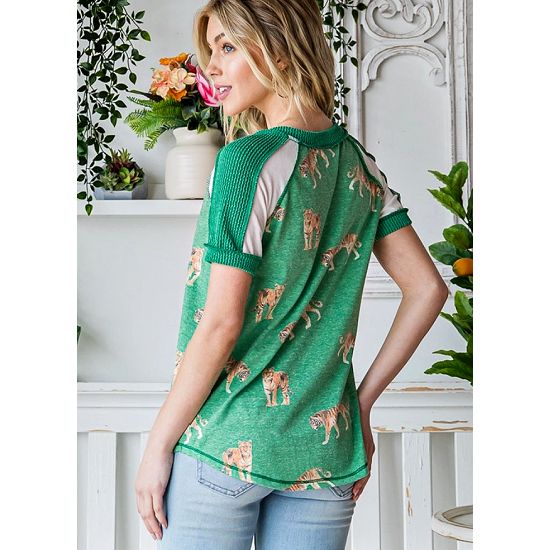 Green Tiger Print Color Block V-Neck Top