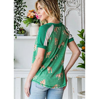Green Tiger Print Color Block V-Neck Top