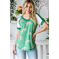 Green Tiger Print Color Block V-Neck Top