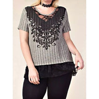 Soft Gray Ribbed Knit Plus Embellished Top