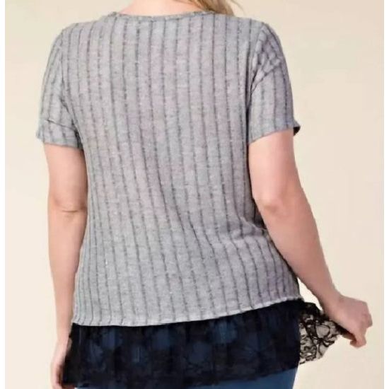 Soft Gray Ribbed Knit Plus Embellished Top