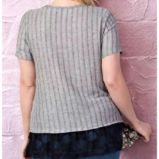 Gray Ribbed Lace & Rhinestone Plus Size Top