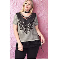 Gray Ribbed Lace & Rhinestone Plus Size Top