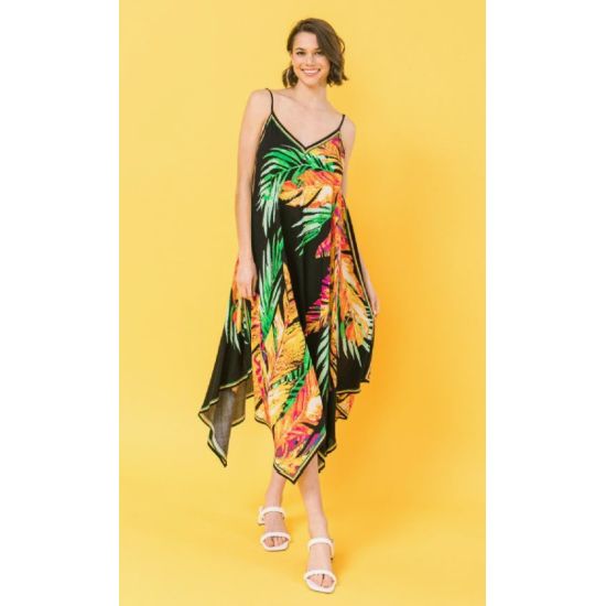 Tropical Print Hanky Hem Midi Dress