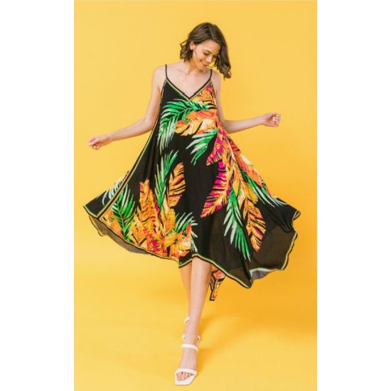 Tropical Print Hanky Hem Midi Dress
