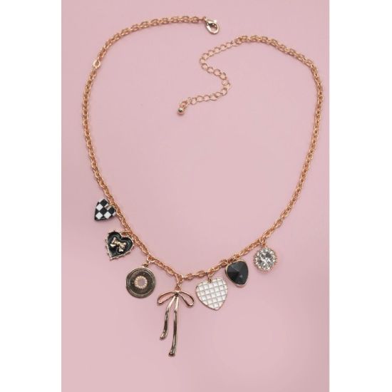 Gold Multi Charm Heart & Bow Necklace