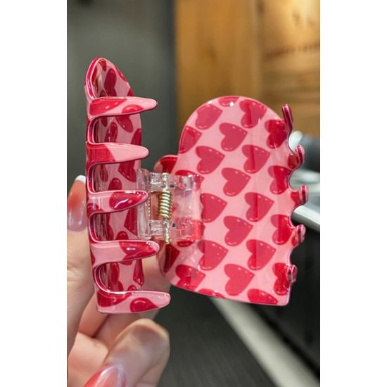 Pink Heart Print Acrylic Hair Clip