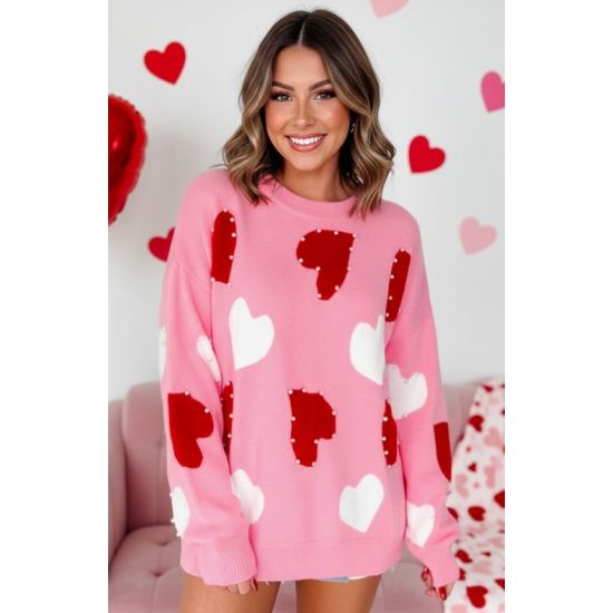 Pink Heart Pearl Trim Sweater – Oversized Valentine Pullover
