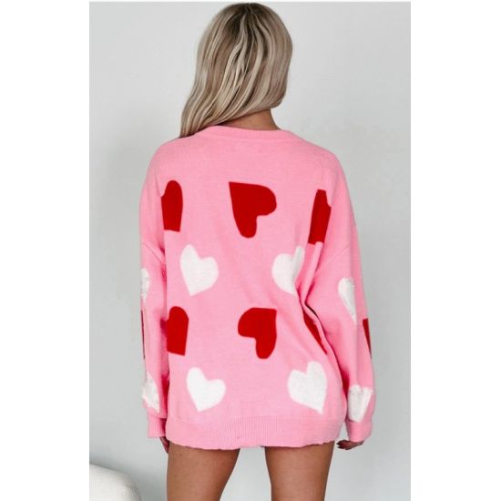 Pink Heart Pearl Trim Sweater – Oversized Valentine Pullover