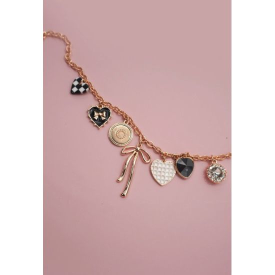 Gold Multi Charm Heart & Bow Necklace