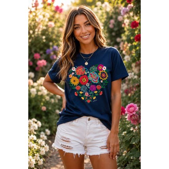 Embroidered Look Floral Heart Tee