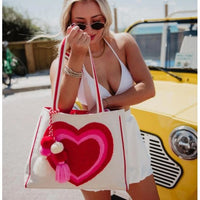 Beating Heart Chenille Canvas Tote Bag with Tassel