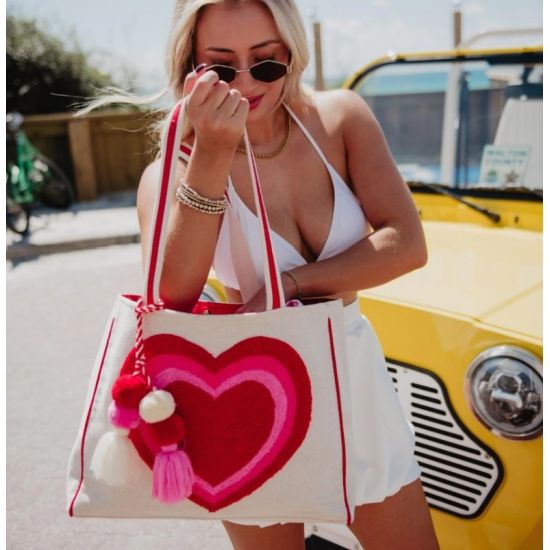 Beating Heart Chenille Canvas Tote Bag with Tassel