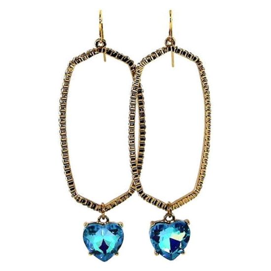 Gold Rhinestone Hexagon Earrings with AB Aqua Heart Stone