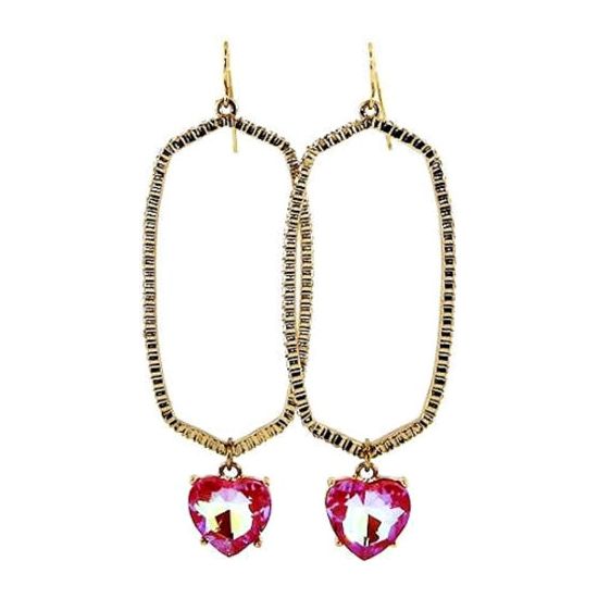 Gold Rhinestone Hexagon Earrings with Fuchsia AB Heart Stone