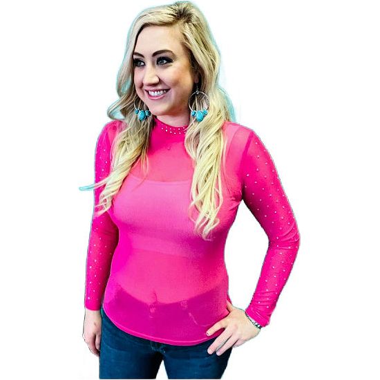Hot Pink Mesh Long Sleeve Top accented with Rhinestones