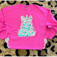 Hot Pink Christmas Tree & Leopard Bow Sweatshirt